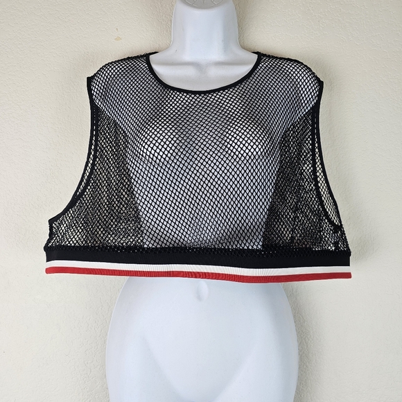 Urban Outfitters NWT Black Mesh Crop Tank Top Red Stripe Y2K Festival Unisex S/M - Picture 4 of 12